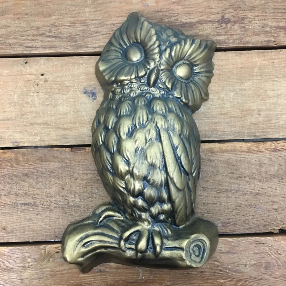 Vintage Plaster Paris Antiqued Gold Metallic Owl Branch Wall Art - Picture 2 of 8
